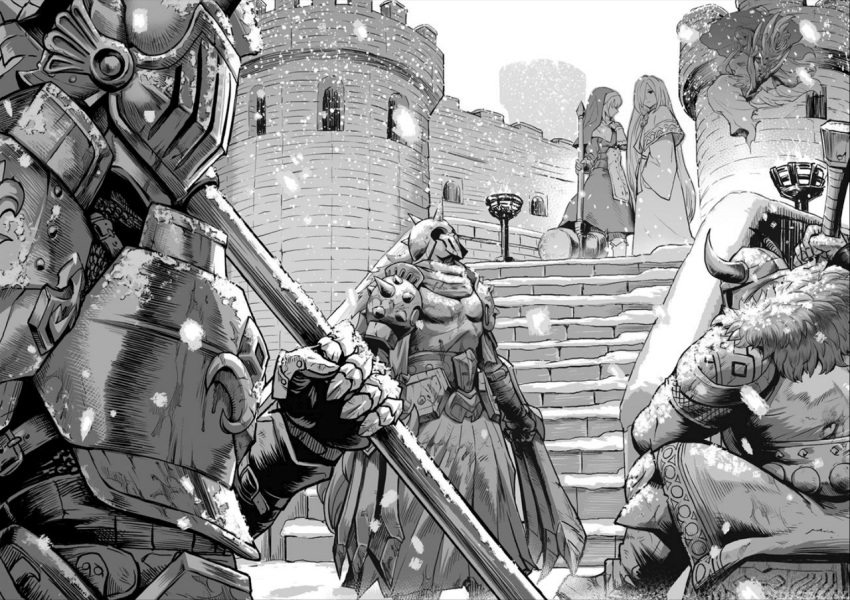3boys, 3girls, armor, artist_request, castle, claw_(weapon), dark_witch_eleine, dress