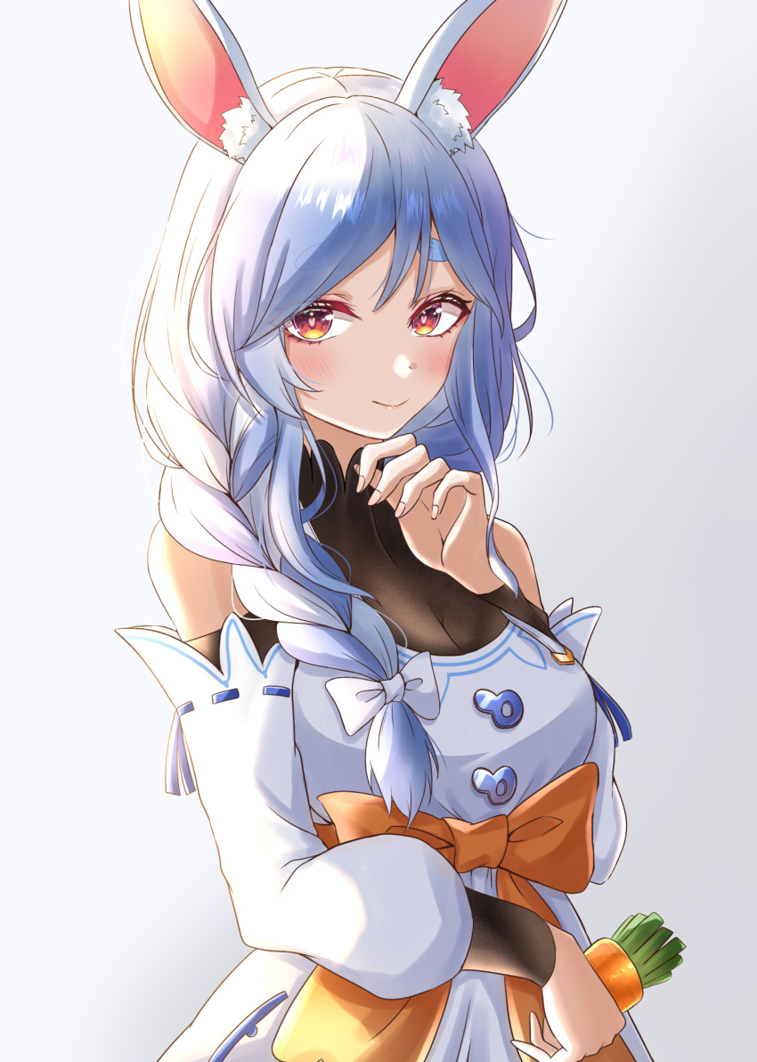 1girl, animal_ear_fluff, animal_ears, black_bodysuit, blue_hair, bodysuit, bow, braid