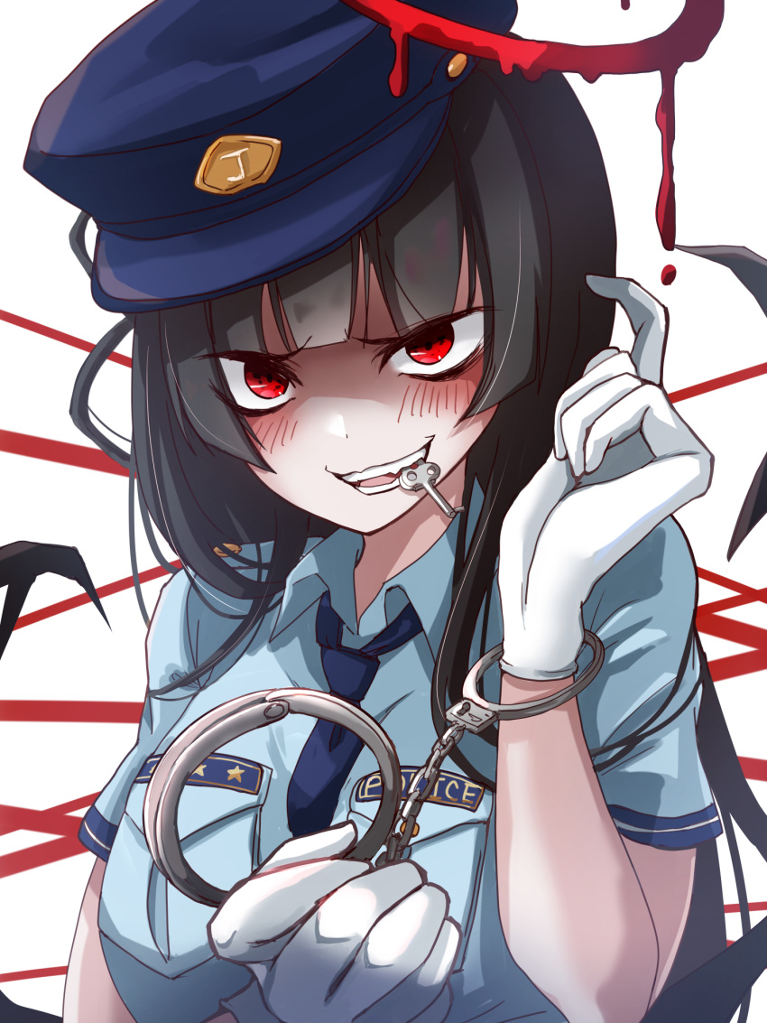 1girl, alternate_costume, black_hair, blood_halo, blue_archive, blue_hat, blue_necktie, blue_shirt, blush, collared_shirt, cuffs, gloves, halo, handcuffs, hat, highres, holding, holding_handcuffs, key_in_mouth, komena_(shinyday312), long_hair, looking_at_viewer, mouth_hold, necktie, police, police_hat, police_uniform, policewoman, red_eyes, red_halo, shirt, solo, tsurugi_(blue_archive), uniform, white_gloves, wings