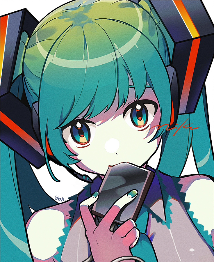1girl, aqua_eyes, aqua_hair, aqua_nails, bare_shoulders, character_name, commentary_request, dot_nose, eating, hair_ornament, hatsune_miku, headset, holding, long_hair, long_sleeves, machigami_yoh, nail_polish, shirt, signature, sleeveless, sleeveless_shirt, solid_state_drive, solo, twintails, upper_body, vocaloid, white_background