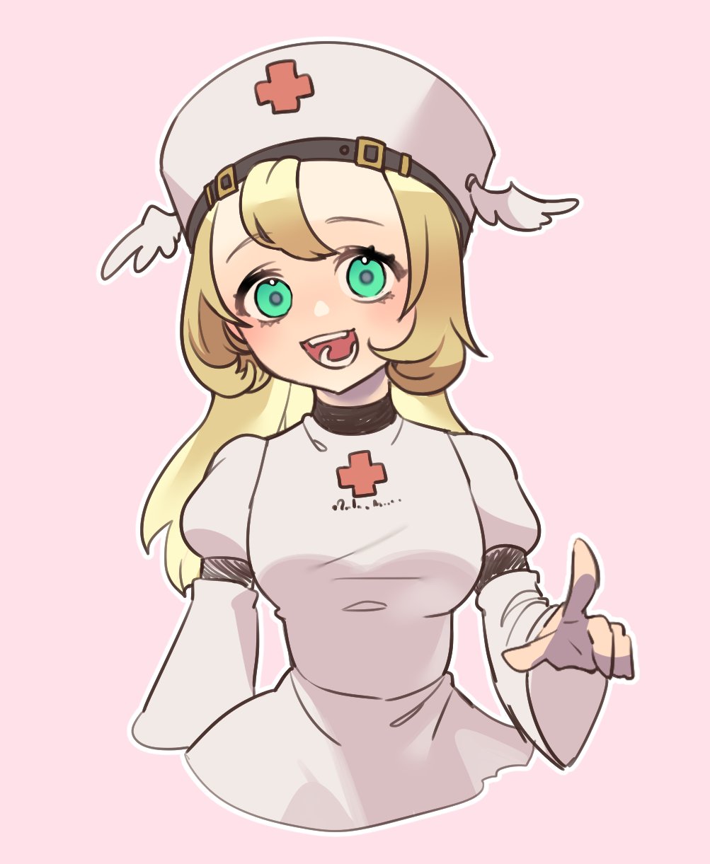1girl, blonde_hair, cross, curly_hair, dress, fanny_(guilty_gear), green_eyes, guilty_gear, guilty_gear_petit, hat, highres, juliet_sleeves, long_hair, long_sleeves, looking_at_viewer, nurse, nurse_cap, open_mouth, pink_background, puffy_sleeves, red_cross, smile, upper_body, white_dress, white_hat, wide_sleeves, winged_hat, yeji36