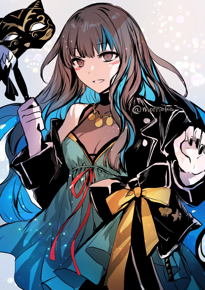 1girl, bare_shoulders, black_hair, black_nails, blue_hair, colored_inner_hair, dress, fate/grand_order, fate_(series), grey_eyes, highres, jacket, jewelry, long_hair, looking_at_viewer, mask, multicolored_hair, nail_polish, necklace, ribbon, rioka_(southern_blue_sky), smile, solo, tenochtitlan_(event_portrait)_(fate), tenochtitlan_(fate), unworn_mask