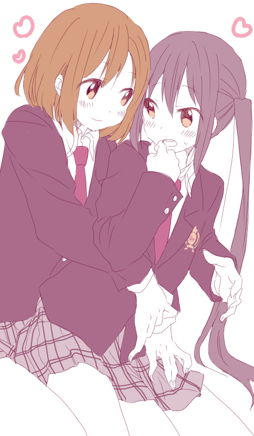 blush, heart, hirasawa_yui, hug, hug_from_behind, k-on!, light_smile, multiple_girls, nakano_azusa, no_thank_you!, school_uniform, short_hair, smile, tabbo, yuri