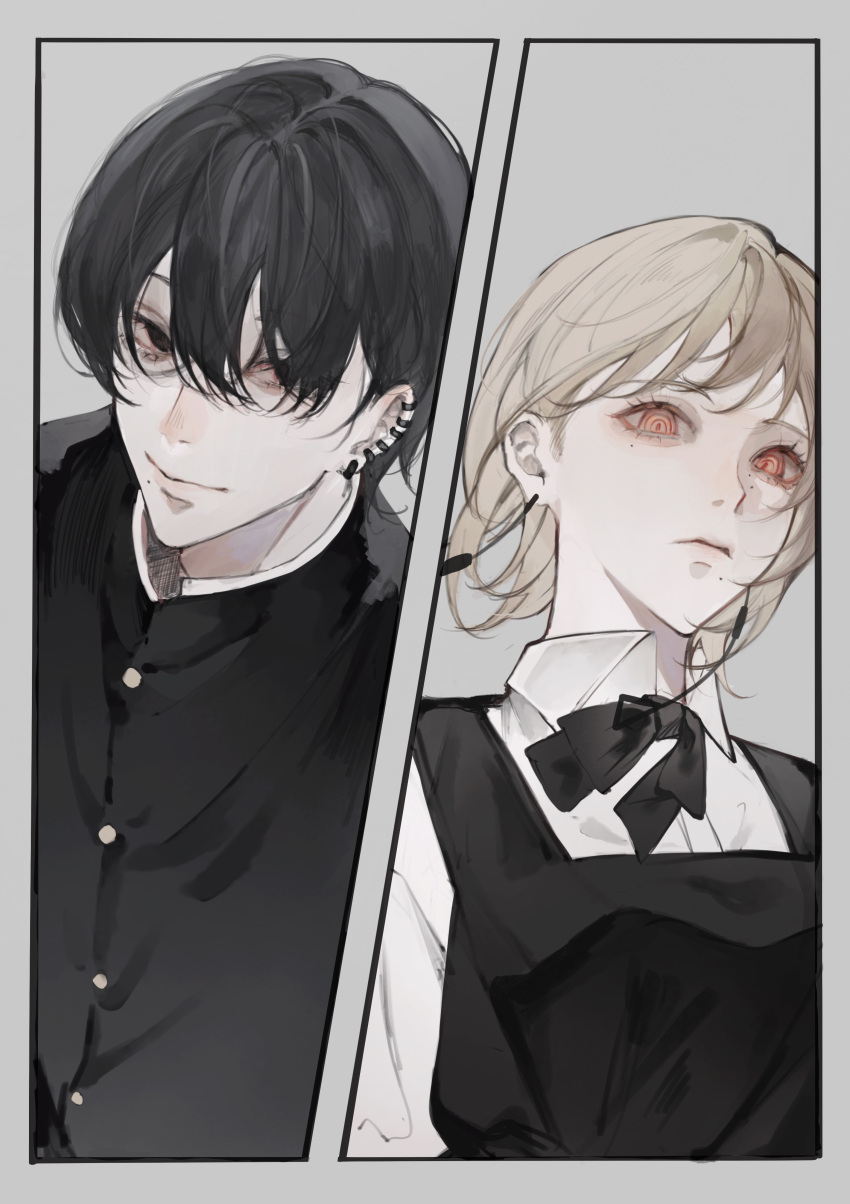 1boy, 1girl, absurdres, black_eyes, black_hair, chainsaw_man, ear_piercing, fami_(chainsaw_man)