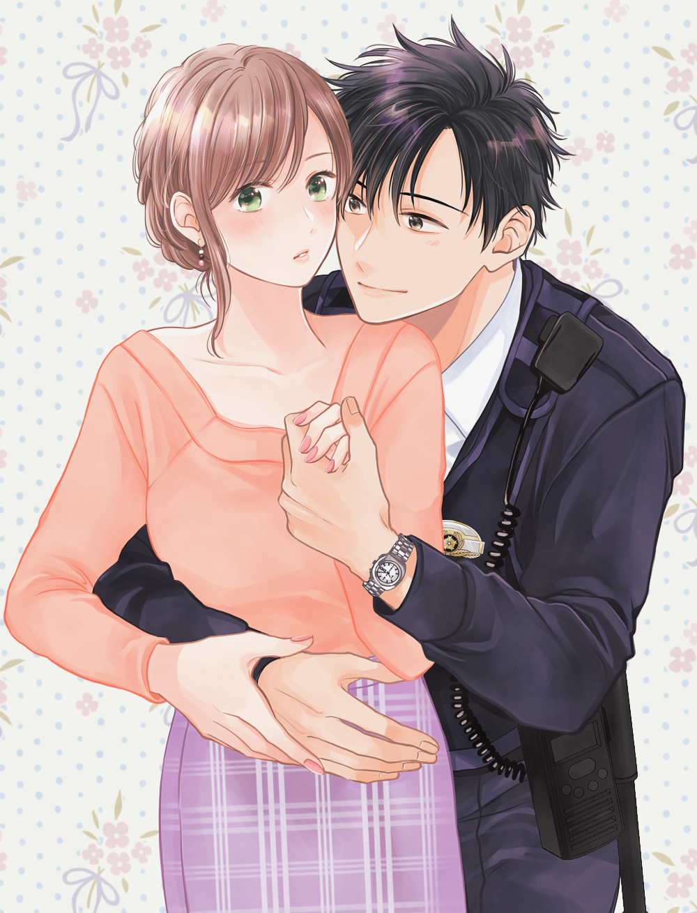1boy, 1girl, akiyama_momiji, black_hair, black_jacket, brown_eyes, brown_hair, earrings