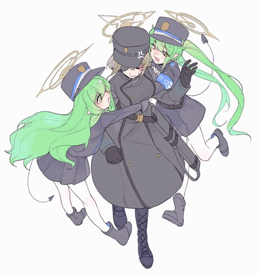 3girls, anger_vein, armband, black_hat, black_shorts, black_tail, blue_archive, blue_armband