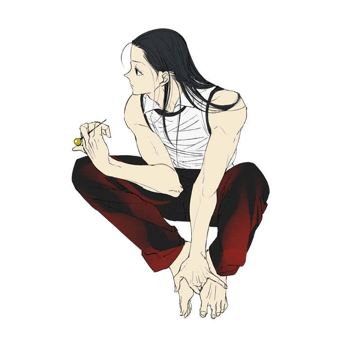 1boy, bare_shoulders, barefoot, black_hair, brown_pants, closed_mouth, expressionless, full_body