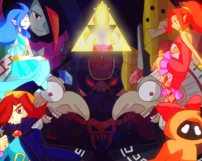 3boys, 6+girls, ahoge, armor, blue_cape, blue_dress, blue_eyes, blue_gemstone