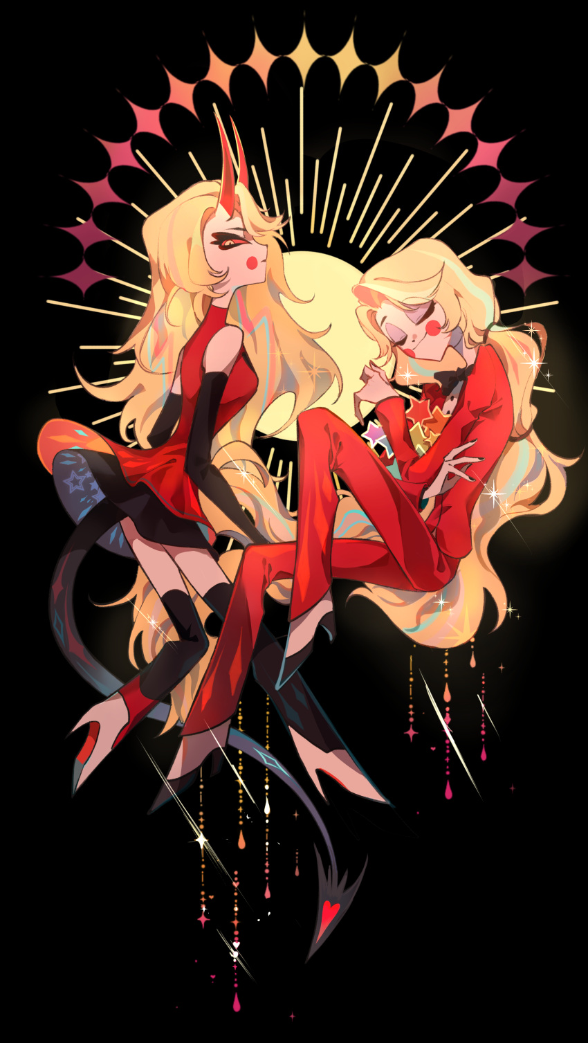 1girl, 20160825, absurdres, blonde_hair, charlie_morningstar, demon_girl, dress, hazbin_hotel, high_heels, highres, long_hair, looking_at_viewer, open_clothes, red_dress, slit_pupils, suit, very_long_hair