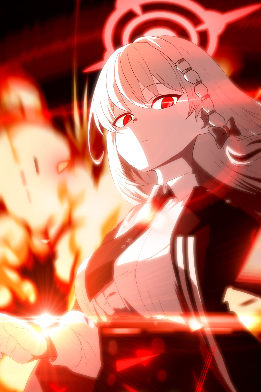 1girl, absurdres, black_jacket, black_necktie, blue_archive, breasts, explosion, grey_hair