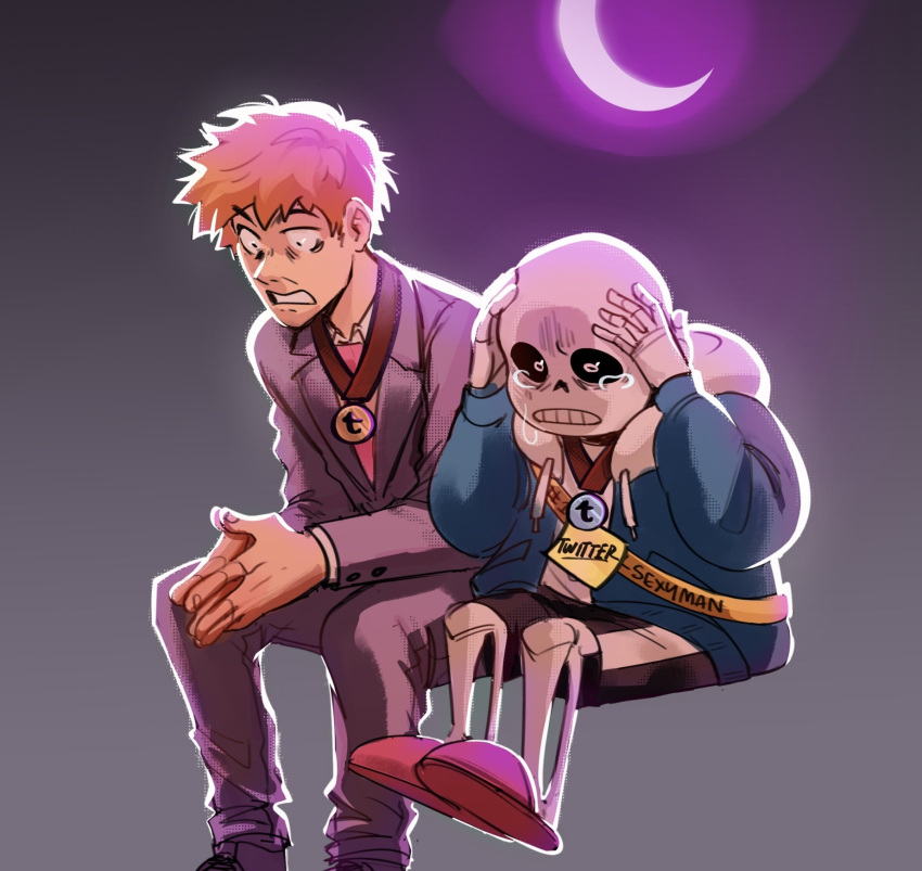 black_sclera, blue_jacket, cecil_palmer, colored_sclera, gradient_background, grey_background, grey_suit, habkart, hands_up, highres, hood, hood_down, invisible_chair, jacket, male_focus, medal, mob_psycho_100, orange_hair, own_hands_together, red_footwear, reigen_arataka, sans_(undertale), simple_background, sitting, skeleton, slippers, suit, tearing_up, tumblr_sexyman_tournament, undertale, welcome_to_nightvale