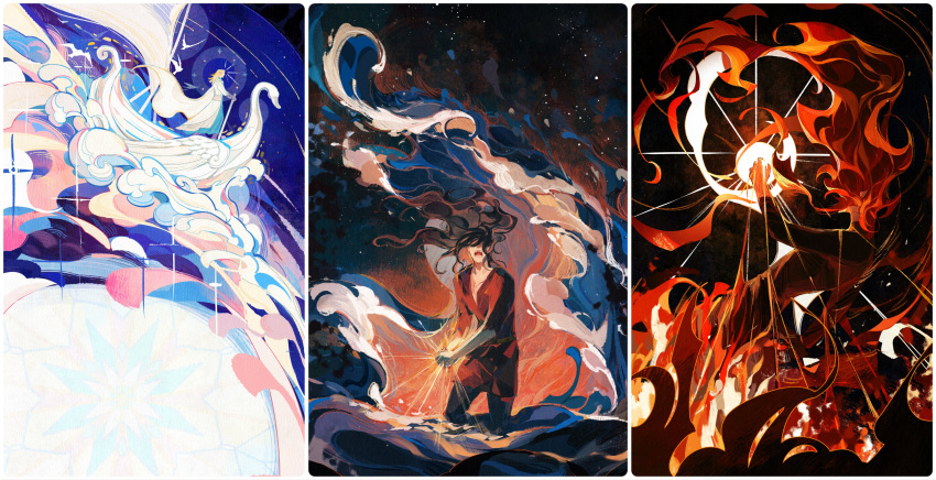 3boys, absurdres, beren, black_hair, black_pants, blonde_hair, boat, border, cape, clouds, column_lineup, covered_eyes, elf, finrod, fire, floating_hair, glowing, highres, holding, holding_sword, holding_weapon, jacket, long_hair, maedhros, male_focus, medium_hair, multiple_boys, open_mouth, pants, pointy_ears, red_jacket, redhead, robe, scenery, simple_bird, sparkle, standing, swan_boat, sword, the_silmarillion, tolkien's_legendarium, watercraft, waves, weapon, white_border, white_cape, white_robe, wide_shot, yuming_haomafan