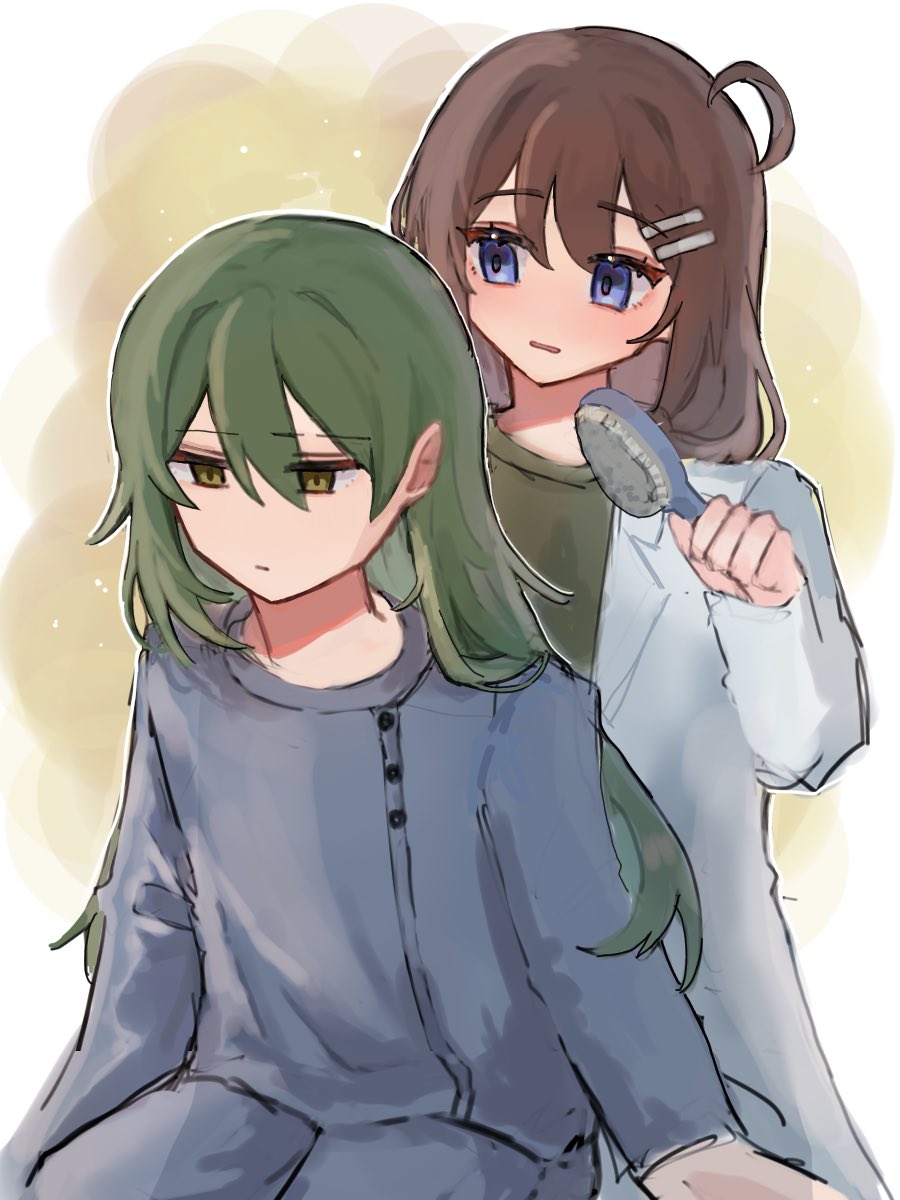 1boy, 1girl, ahoge, blue_jacket, blue_pants, brown_hair, coat, giovanni_(project_moon)