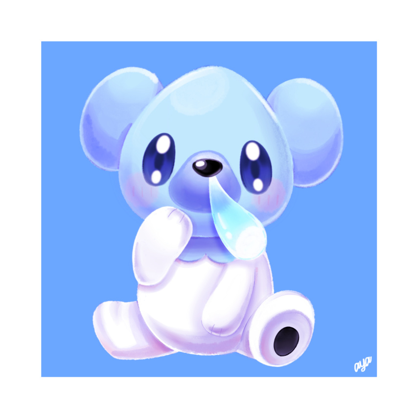 artist_name, aya_(drcwlf), bear, blue_background, blue_eyes, blush, border, cubchoo, hand_up, highres, looking_at_viewer, no_humans, pokemon, pokemon_(creature), simple_background, sitting, white_border