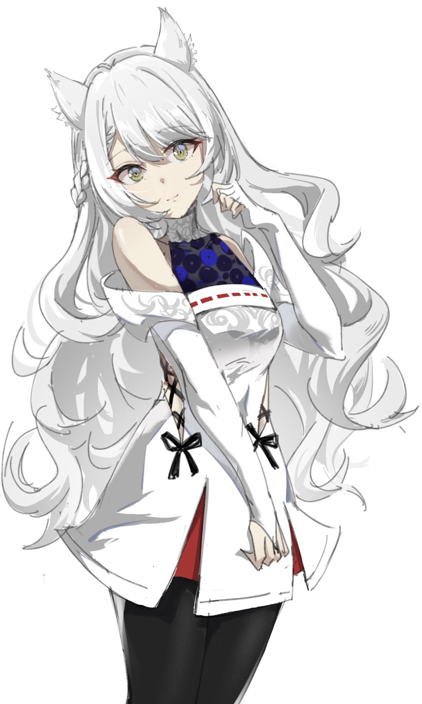 1girl, alternate_costume, alternate_hair_length, alternate_hairstyle, animal_ears, black_pantyhose, braid, bridal_gauntlets