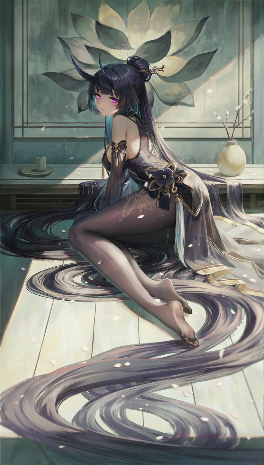 1girl, absurdly_long_hair, bare_shoulders, black_hair, bodystocking, detached_sleeves, dress, full_body, highres, honkai_(series), honkai_impact_3rd, horns, long_hair, looking_at_viewer, maoh_yueer, official_alternate_costume, pantyhose, purple_hair, raiden_mei, raiden_mei_(herrscher_of_thunder), sitting, sleeveless, sleeveless_dress, solo, very_long_hair, violet_eyes, yokozuwari
