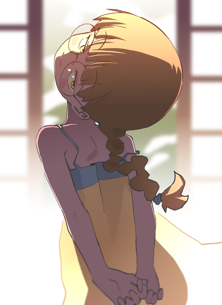 1girl, absurdres, arms_behind_back, blunt_bangs, blush, braid, brown_hair, child