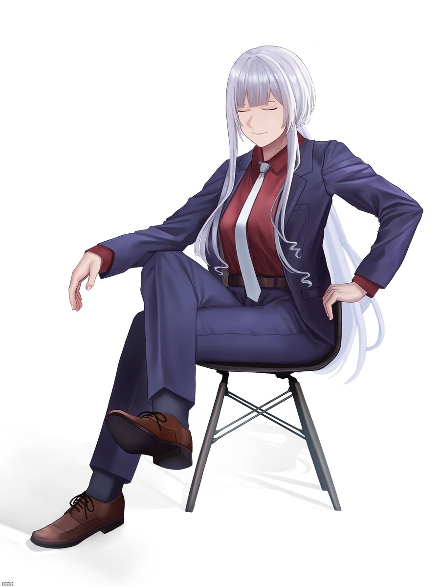 1girl, ak-12_(girls'_frontline), ak-12_(lucia)_(girls'_frontline), black_jacket, black_pants, brown_footwear, business_suit, chair, closed_eyes, closed_mouth, cozie178, crossed_legs, full_body, girls_frontline, highres, jacket, long_hair, necktie, official_alternate_costume, pants, ponytail, red_shirt, shirt, shoes, sidelocks, simple_background, sitting, smile, solo, suit, white_background, white_hair, white_necktie