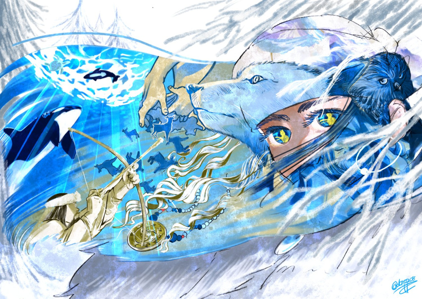 1boy, 1girl, ainu, animal, arrow_(symbol), asirpa, bird, blue_theme