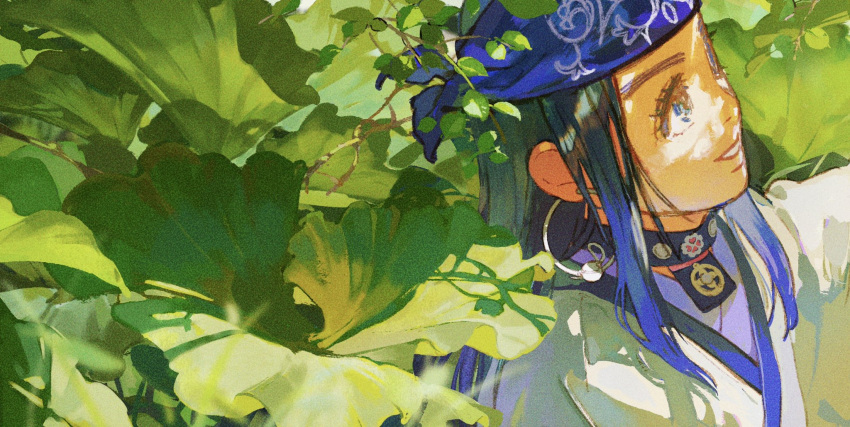 1girl, ainu_clothes, asirpa, bandana, black_choker, blue_bandana, blue_eyes, blue_hair
