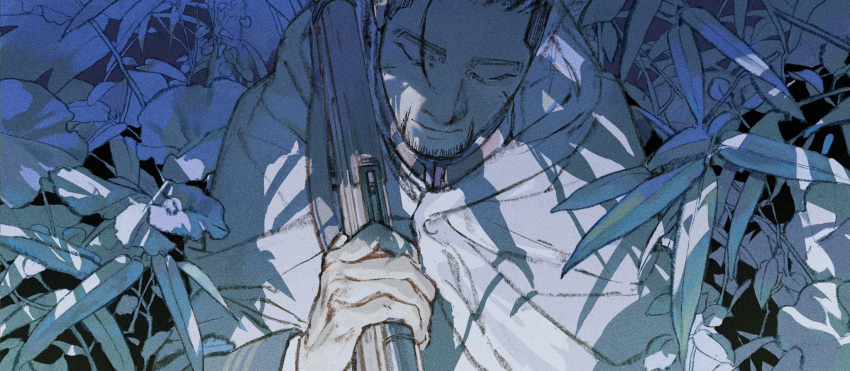 1boy, black_hair, closed_eyes, coat, facial_hair, facial_mark, gkyoyo00, goatee