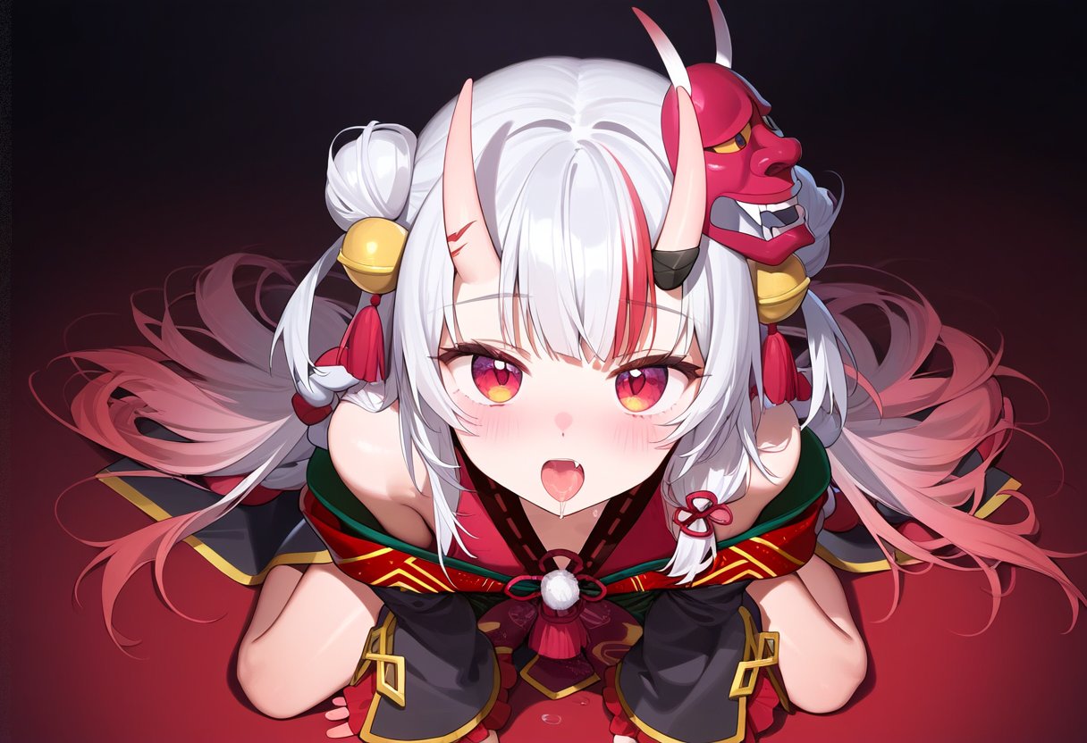 1girl, bell, blush, double_bun, fang, fujiwarahima, gradient_hair, hair_bell
