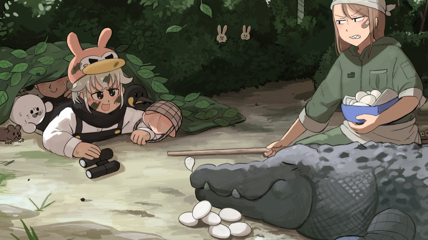 3girls, bandaid, bandaid_on_face, binoculars, bird, black_overalls, brown_hair, bush, crocodile, crocodile_keeper_(diva), crocodilian, diva_(hyxpk), doughnut_stamp, duck, easter, egg, english_commentary, green_jacket, grey_hair, head_scarf, highres, holding, holding_stick, jacket, king_penguin, lying, mouse, multiple_girls, nose_bubble, overalls, penguin, penguin_keeper_(diva), seal_keeper_(diva), seal_puppet, sharp_teeth, shirt, short_hair, smile, stick, teeth, white_shirt, zoo, zookeeper, zookeepers_(diva)