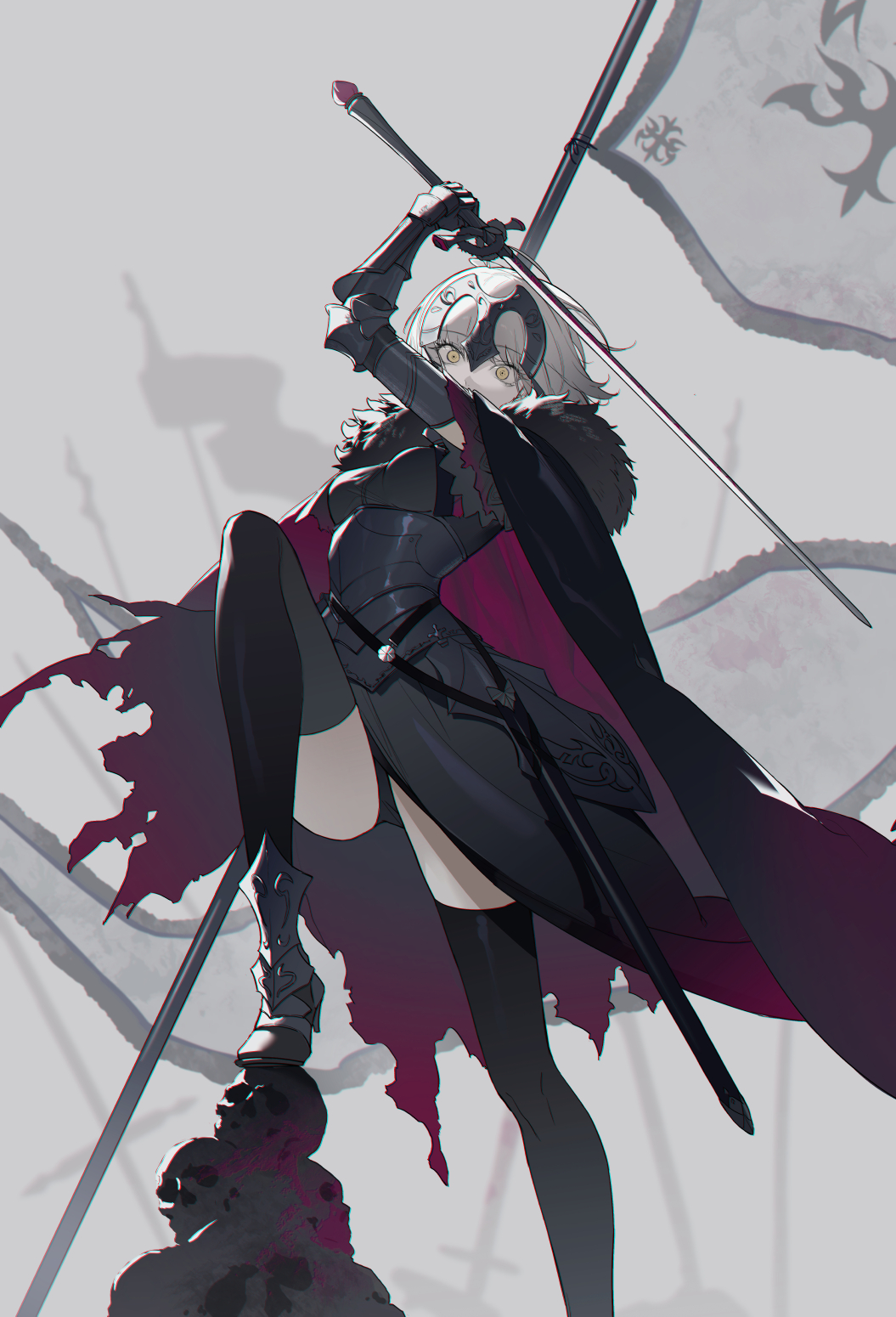 1girl, ahoge, armor, armored_dress, banner, black_cape, black_dress, black_thighhighs