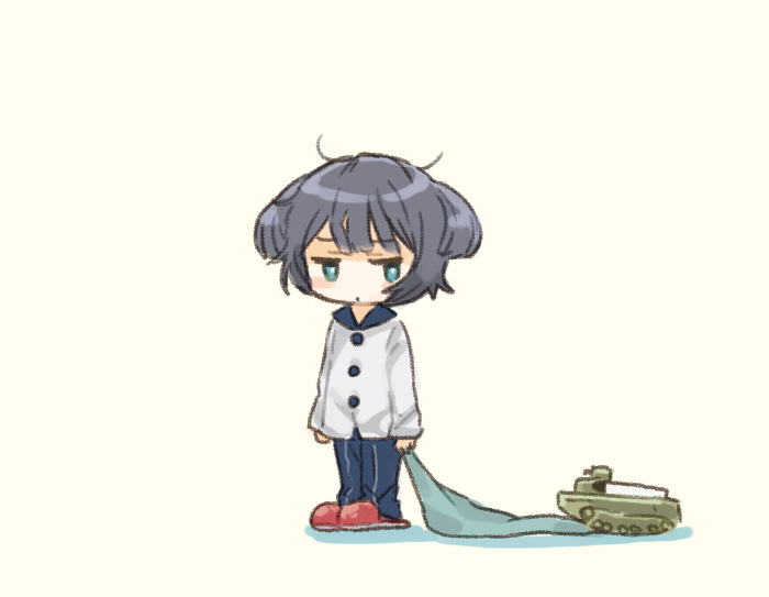 1girl, alternate_costume, blanket, blue_eyes, blue_pants, full_body, grey_hair, i-36_(kancolle)