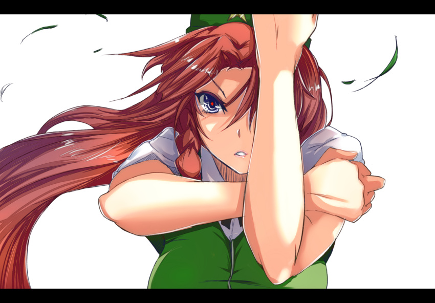 braid, close-up, crossed_arms, hat, hong_meiling, jyuuji, letterboxed, long_hair