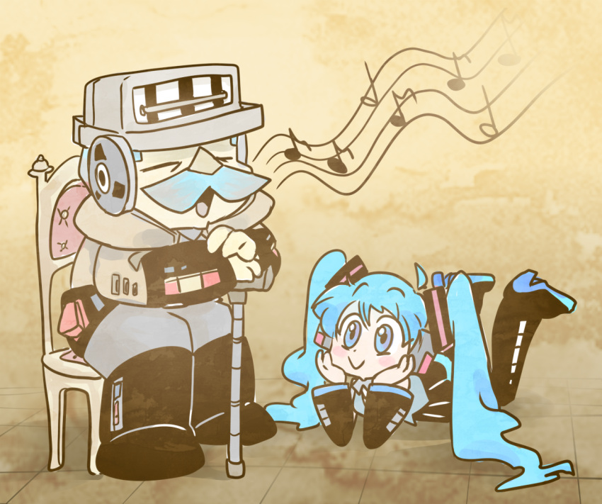 1boy, 1girl, :>, aqua_eyes, aqua_hair, boots, brown_background, chair