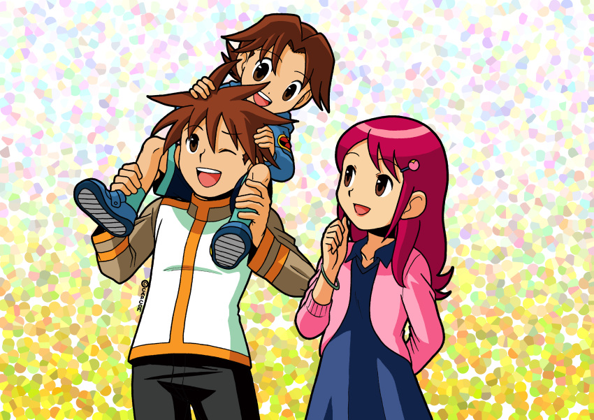 1girl, 2boys, absurdres, age_difference, aged_down, asayanen, bracelet, brown_eyes, carrying_over_shoulder, child, dress, hair_between_eyes, hair_ornament, hairpin, highres, hub_hikari_(mega_man), jewelry, lan_hikari_(mega_man), long_hair, long_sleeves, mayl_sakurai_(mega_man), mega_man_(series), mega_man_battle_network_(series), multiple_boys, official_style, one_eye_closed, pink_hair, shoes, sidelocks, smile, spiky_hair, teeth, upper_teeth_only