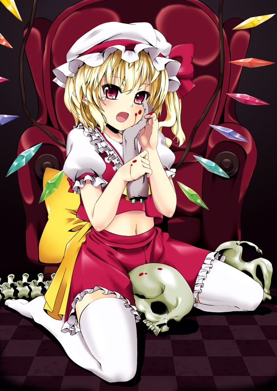 blood, flandre_scarlet, hat, hebata, midriff, navel, pointy_ears, ponytail