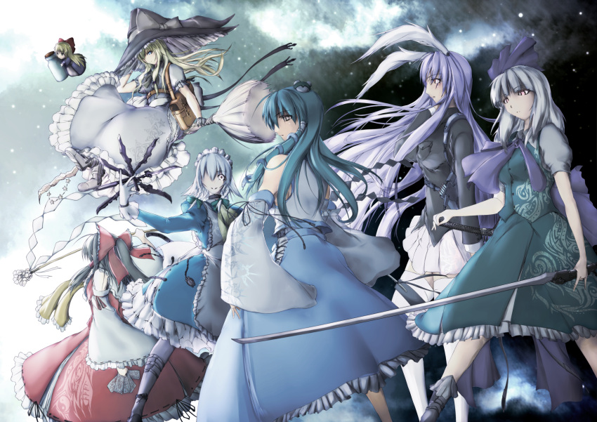 bow, braid, broom, bunny_ears, detached_sleeves, hair_bow, hairband, hakurei_reimu, hat, highres, hiichisato, izayoi_sakuya, katana, kirisame_marisa, knife, kochiya_sanae, konpaku_youmu, long_hair, maid_headdress, rabbit_ears, reisen_udongein_inaba, shanghai_doll, short_hair, sword, touhou, twin_braids, weapon, witch_hat