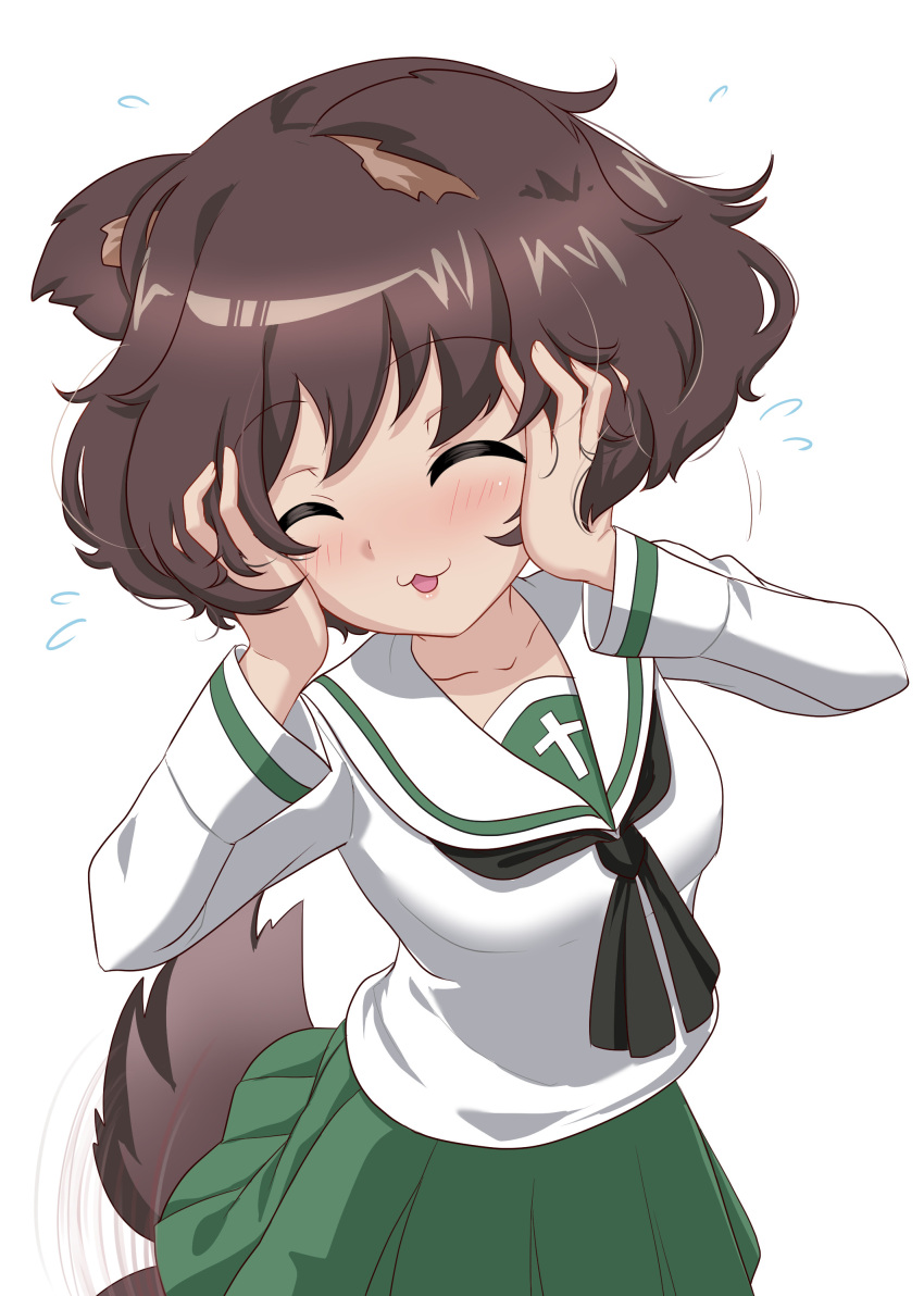 1girl, :3, absurdres, akiyama_yukari, animal_ears, brown_hair, closed_eyes, collarbone