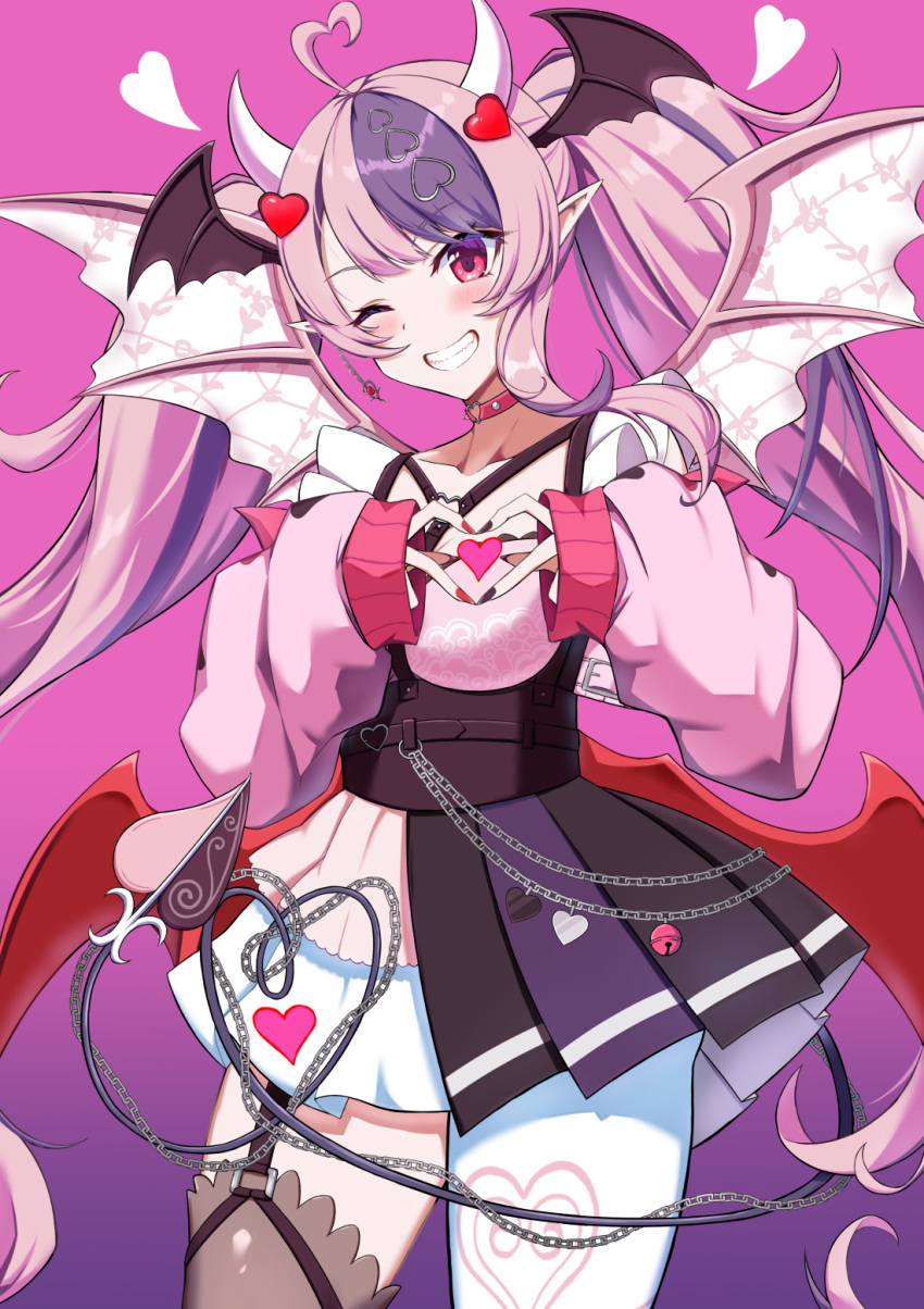 1girl, ahoge, black_nails, black_skirt, blush, choker, demon_girl, demon_tail