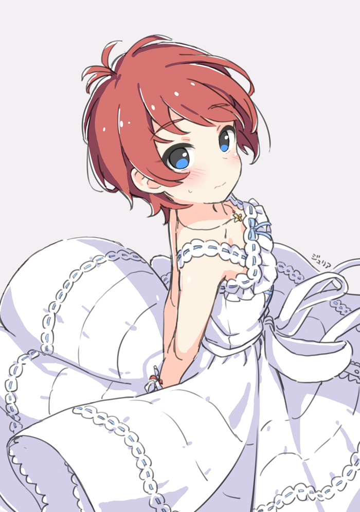 1girl, antenna_hair, arms_behind_back, bare_shoulders, blue_eyes, blue_ribbon, blush, breasts