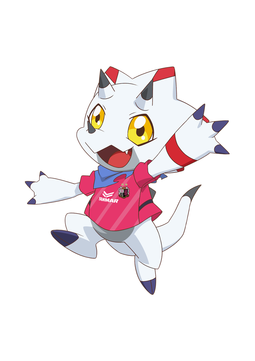 archived_source, arm_up, blue_scarf, cerezo_osaka, claws, clothes_writing, diagonal-striped_shirt, digimon