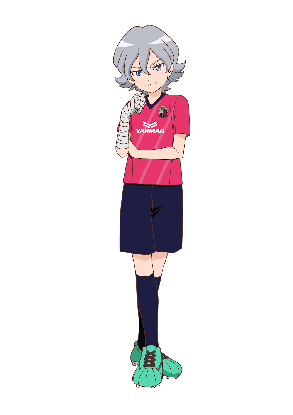 1boy, :3, archived_source, bandaged_arm, bandages, black_shorts, black_socks, blue_eyes