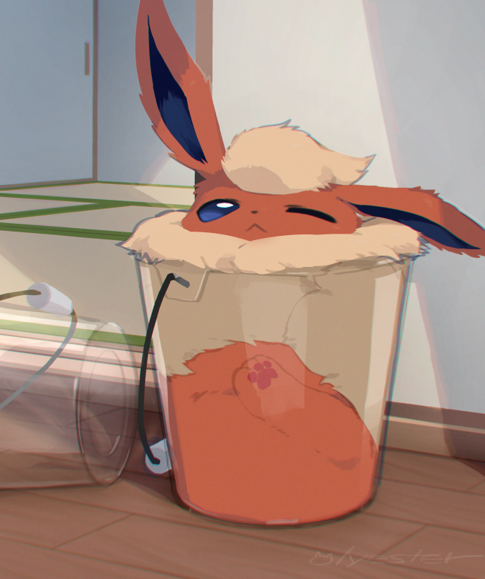animal_ears, animal_feet, animal_focus, animal_nose, blue_eyes, body_fur, bucket, closed_mouth
