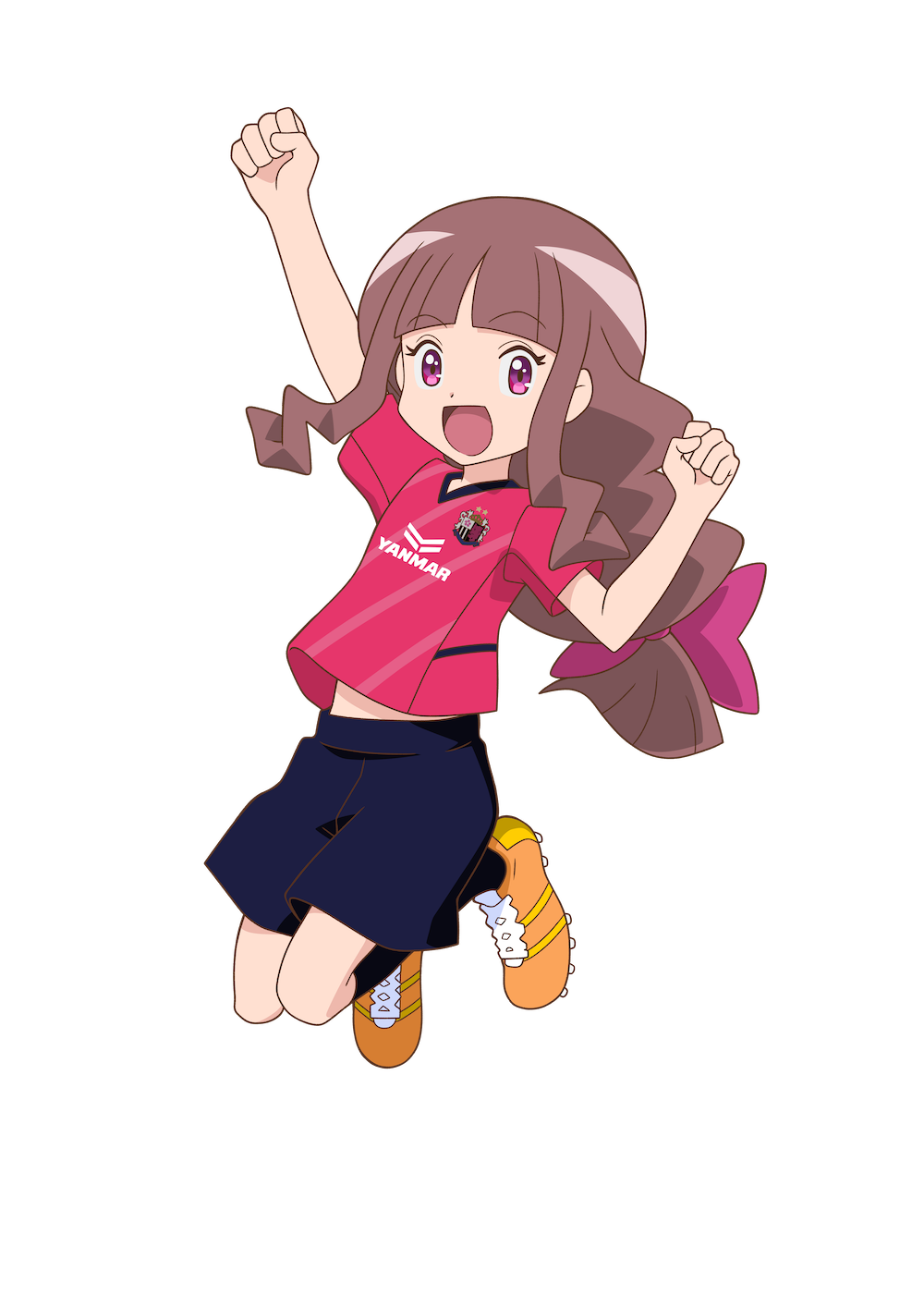 1girl, airborne, archived_source, black_shorts, black_socks, bow, cerezo_osaka, cleats