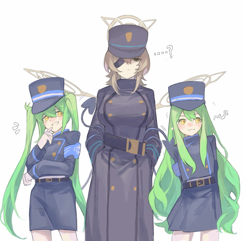 3girls, :3, ?, armband, arms_behind_back, bad_arm, belt, black_hat