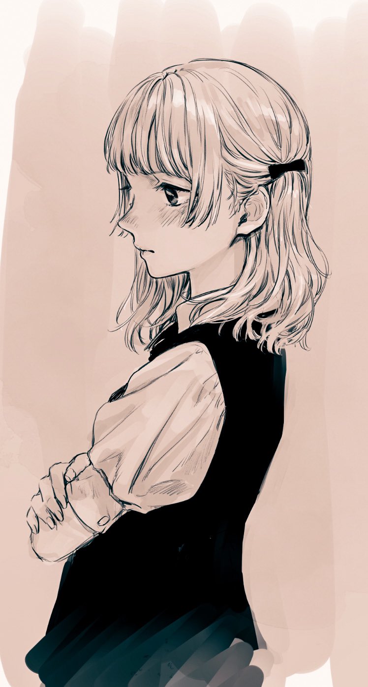 1girl, black_bow, black_vest, bow, closed_mouth, commentary_request, expressionless, hair_bow, hand_on_own_arm, highres, kouji_miura, medium_hair, monochrome, original, pink_background, profile, shirt, solo, upper_body, vest, white_shirt