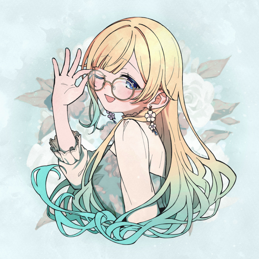 1girl, adjusting_eyewear, aizawa_ema, aizawa_ema_(3rd_costume), belt, blonde_hair, blue_eyes, blue_nails
