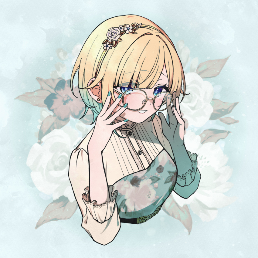 1girl, adjusting_eyewear, aizawa_ema, aizawa_ema_(3rd_costume), belt, blonde_hair, blue_eyes, blue_nails
