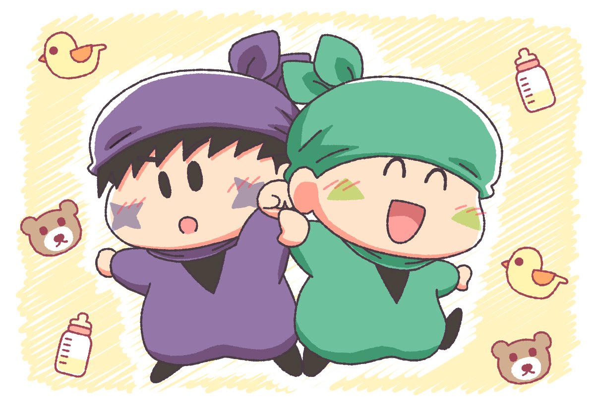 2boys, ^_^, arms_up, baby_bottle, bandana, black_hair, blush, bottle