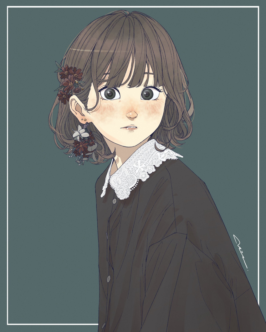 1girl, akira_13go, black_eyes, black_shirt, brown_hair, earrings, flower, green_background