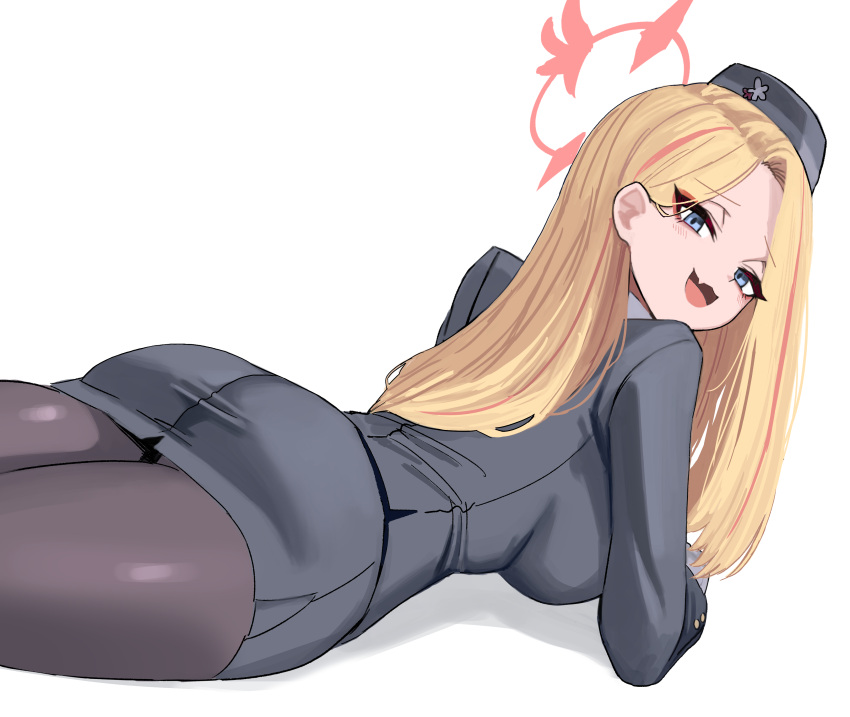 1girl, absurdres, ass, black_hat, blonde_hair, blue_archive, blue_eyes, breasts, collared_shirt, dndosld73832, fang, gloves, hair_down, halo, hat, highres, large_breasts, long_hair, long_sleeves, looking_at_viewer, multicolored_hair, official_alternate_costume, official_alternate_hairstyle, open_mouth, pantyhose, pina_(blue_archive), pina_(guide)_(blue_archive), red_halo, redhead, shirt, skin_fang, skirt, smile, solo, streaked_hair, white_gloves