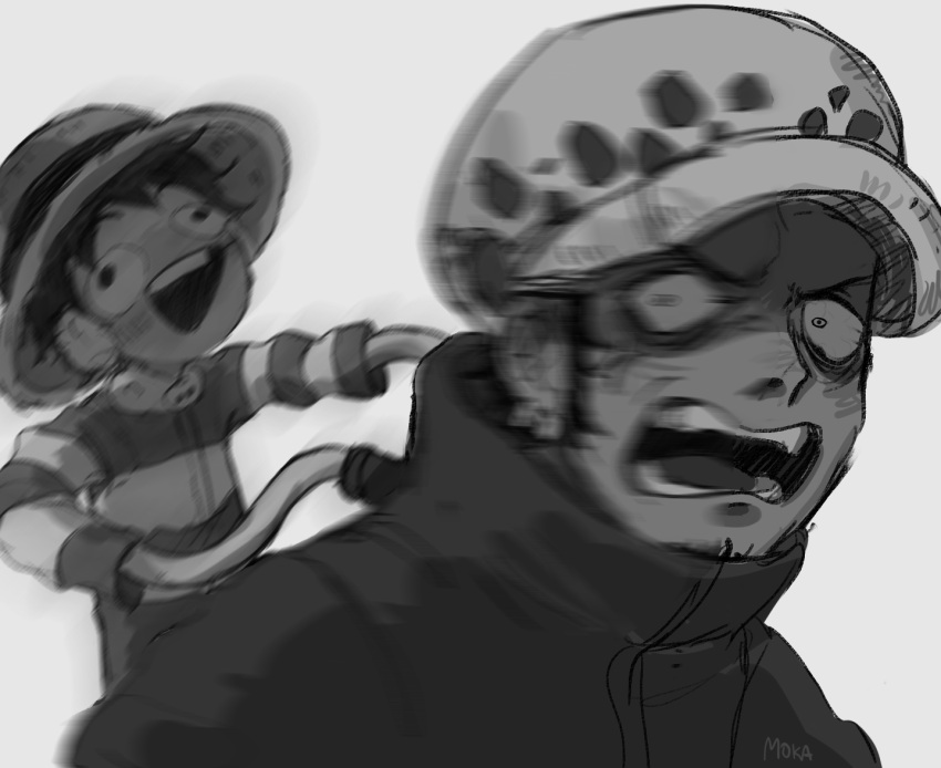 2boys, artist_name, blurry, close-up, coat, collared_coat, english_commentary, greyscale