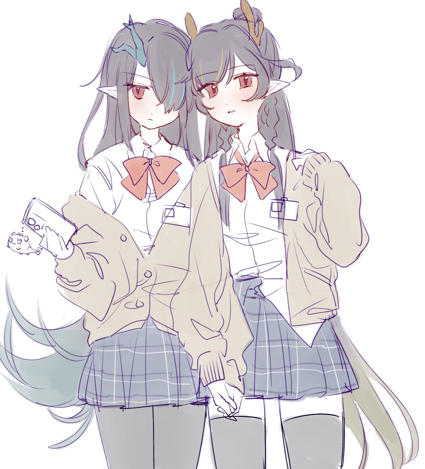 2girls, arknights, dragon_girl, dragon_horns, dusk_(arknights), gradient_hair, hair_over_one_eye, highres